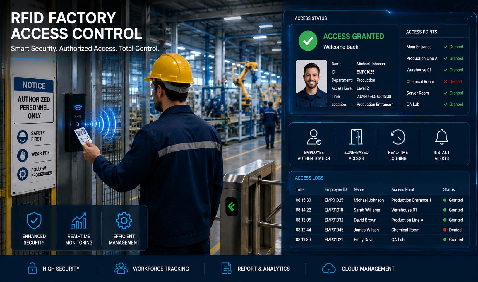 Controllo accessi in fabbrica tramite RFID